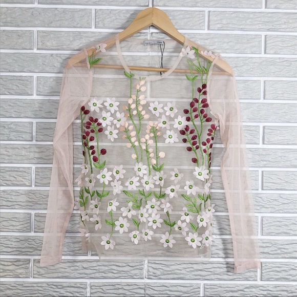 NEW ZARA PALE PINK SHEER TULLE FLORAL APPLIQUÉ TOP - Picture 4 of 10